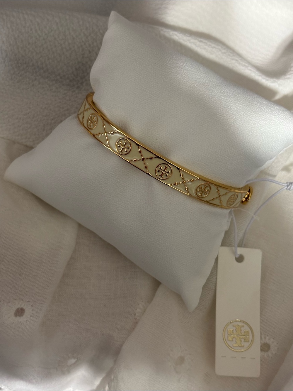 Tory Burch Gold and Cream Enamel Logo Bangle